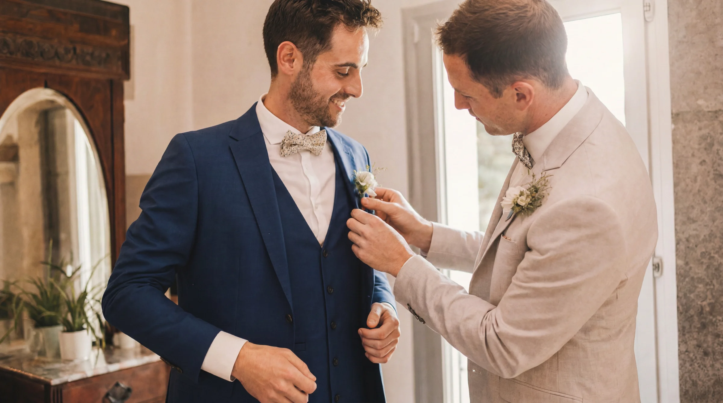 Un marié souriant en costume bleu reçoit sa boutonnière à Romans, un moment clé du reportage mariage