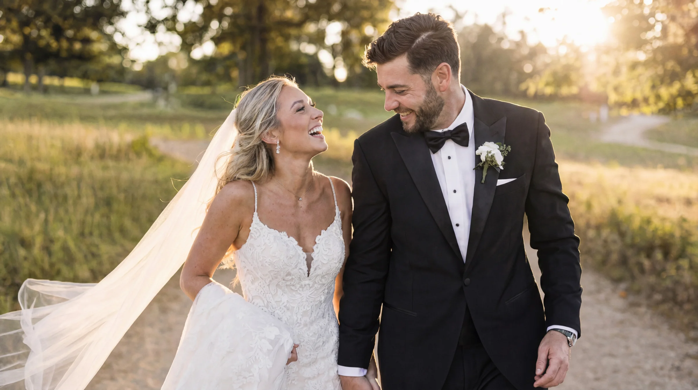 Couple de mariés riant, main dans la main, lors d'un reportage mariage à Montélimar sous une lumière dorée
