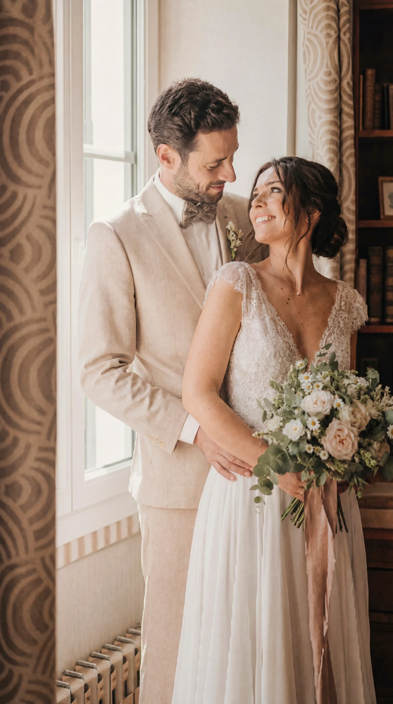 Jeunes mariés souriants et complices lors d'un reportage mariage à Romans, lumière douce, bouquet champêtre