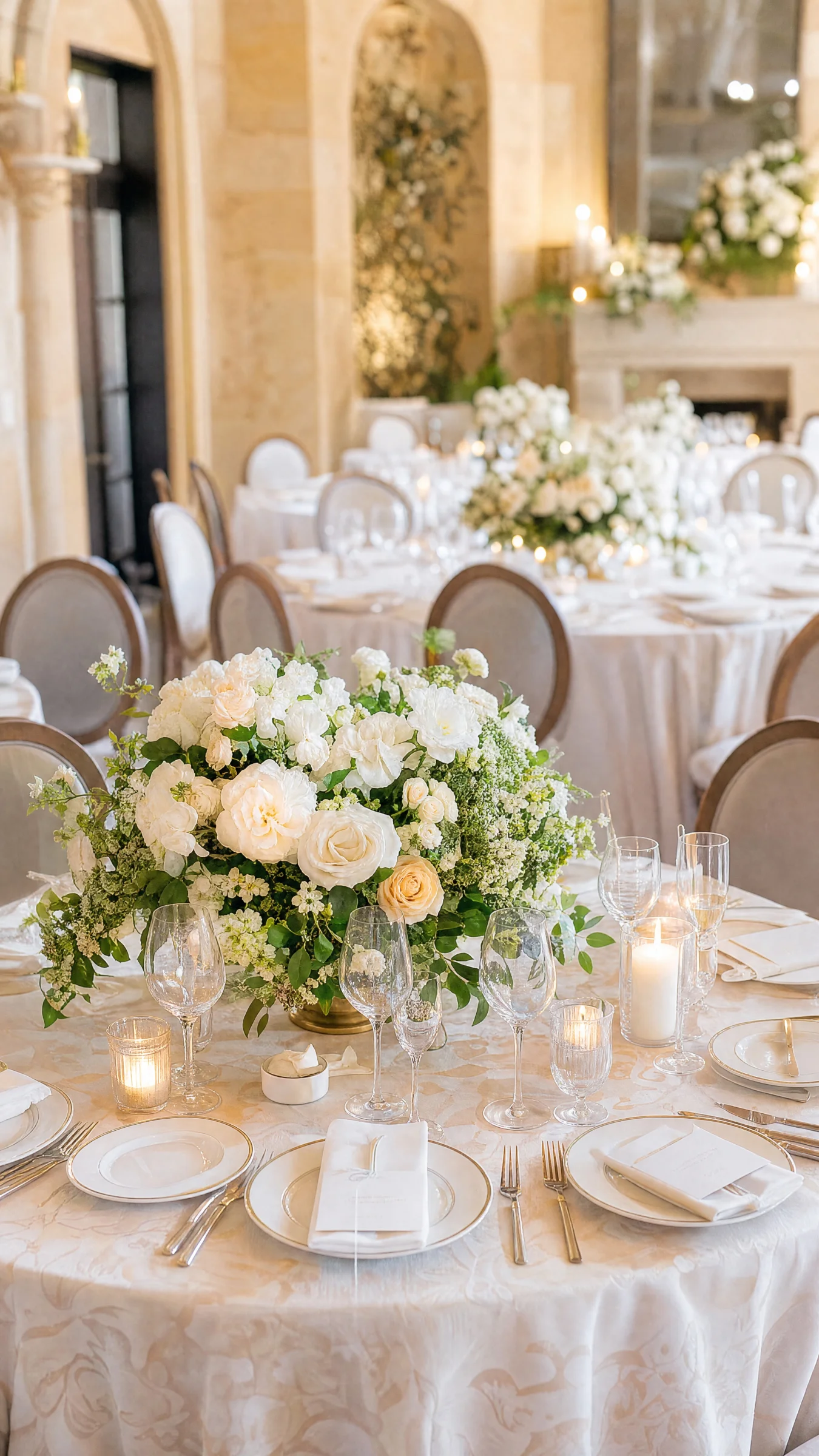 Décoration florale blanche et élégante d'une table de réception de mariage à Valence, ambiance chaleureuse aux chandelles