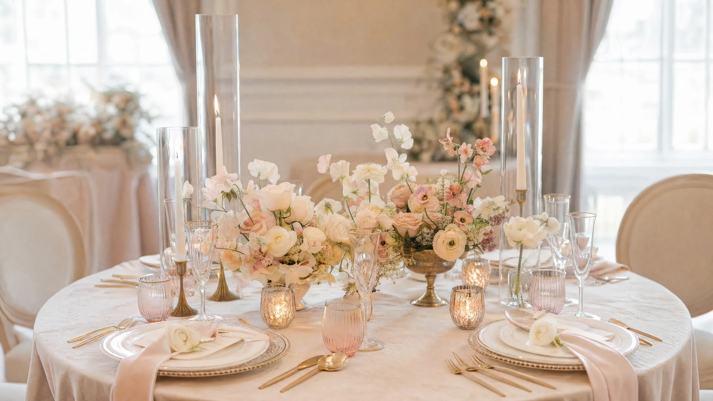 Table de réception de mariage élégante avec compositions florales pastel et bougies, lors d'un reportage à Valence