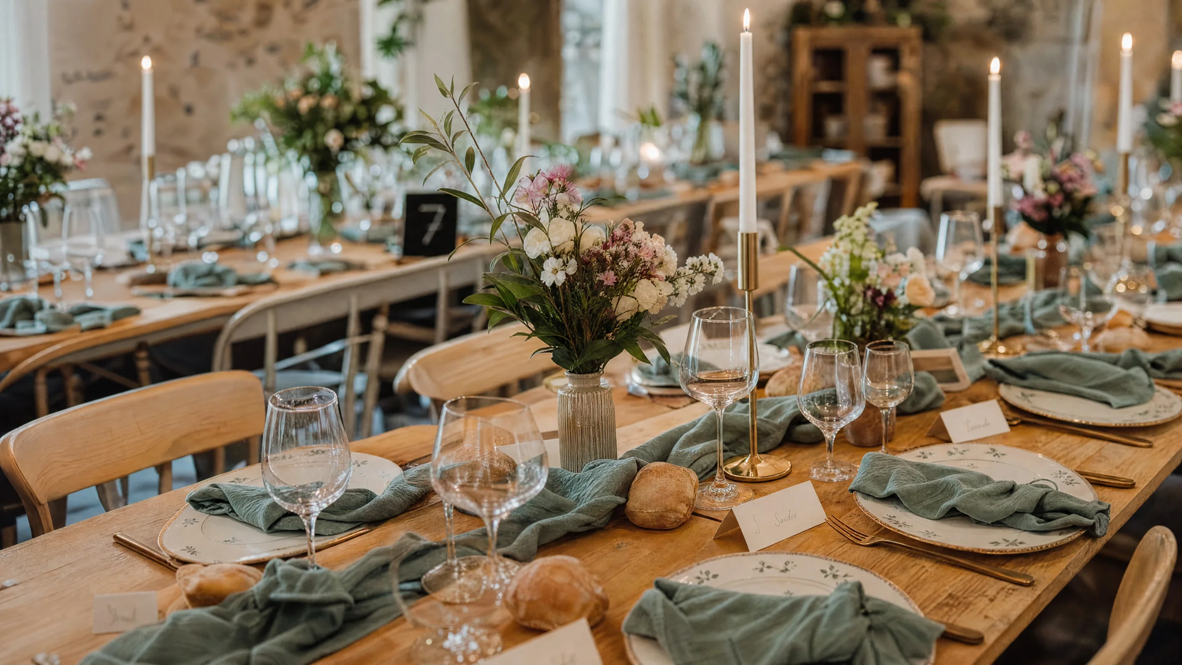 Longues tables en bois décorées de fleurs et bougies pour un dîner de mariage à Valence, ambiance chaleureuse et élégante