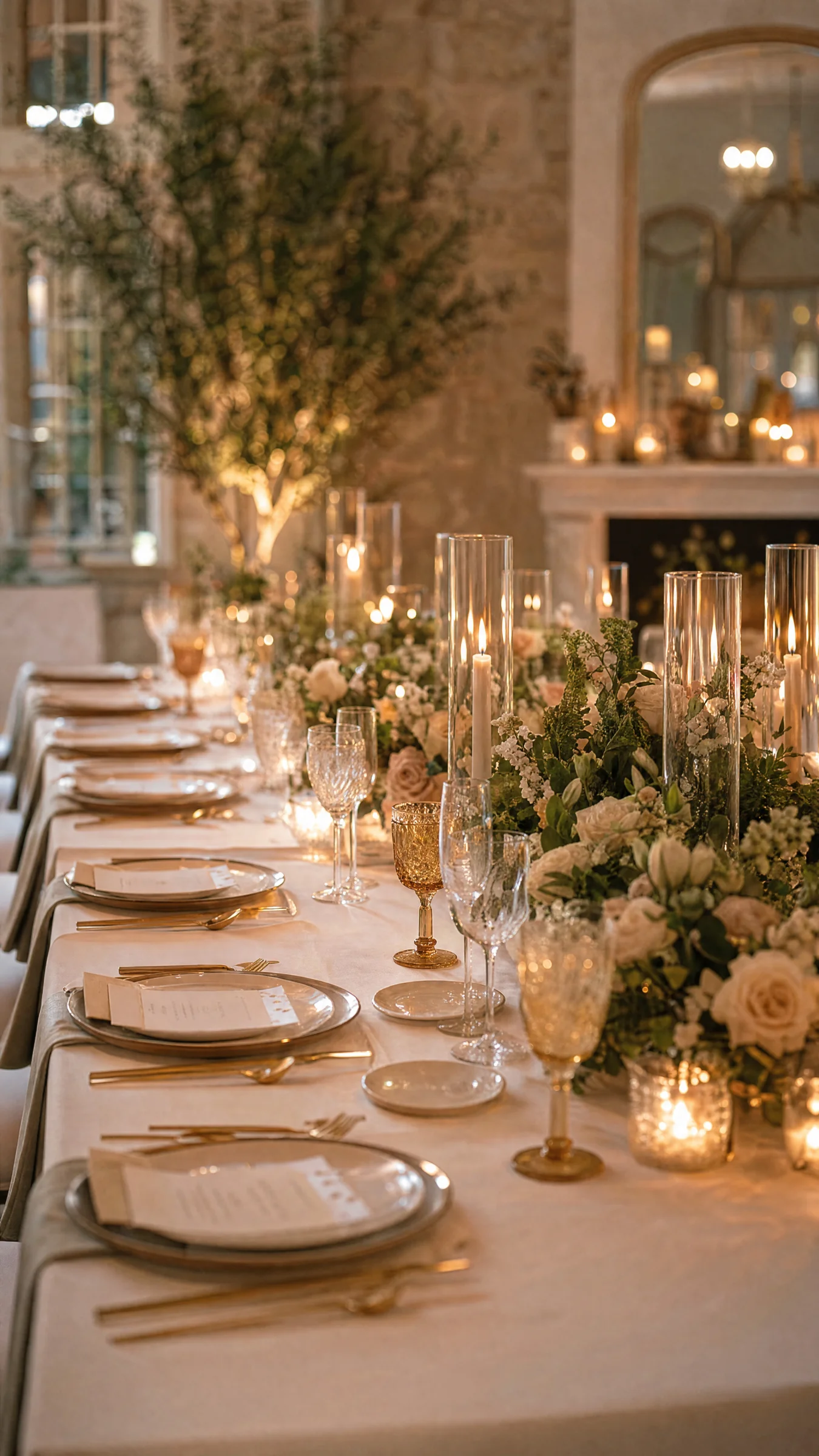 Table de réception de mariage élégante avec bougies et décorations florales à Montélimar, ambiance chaleureuse