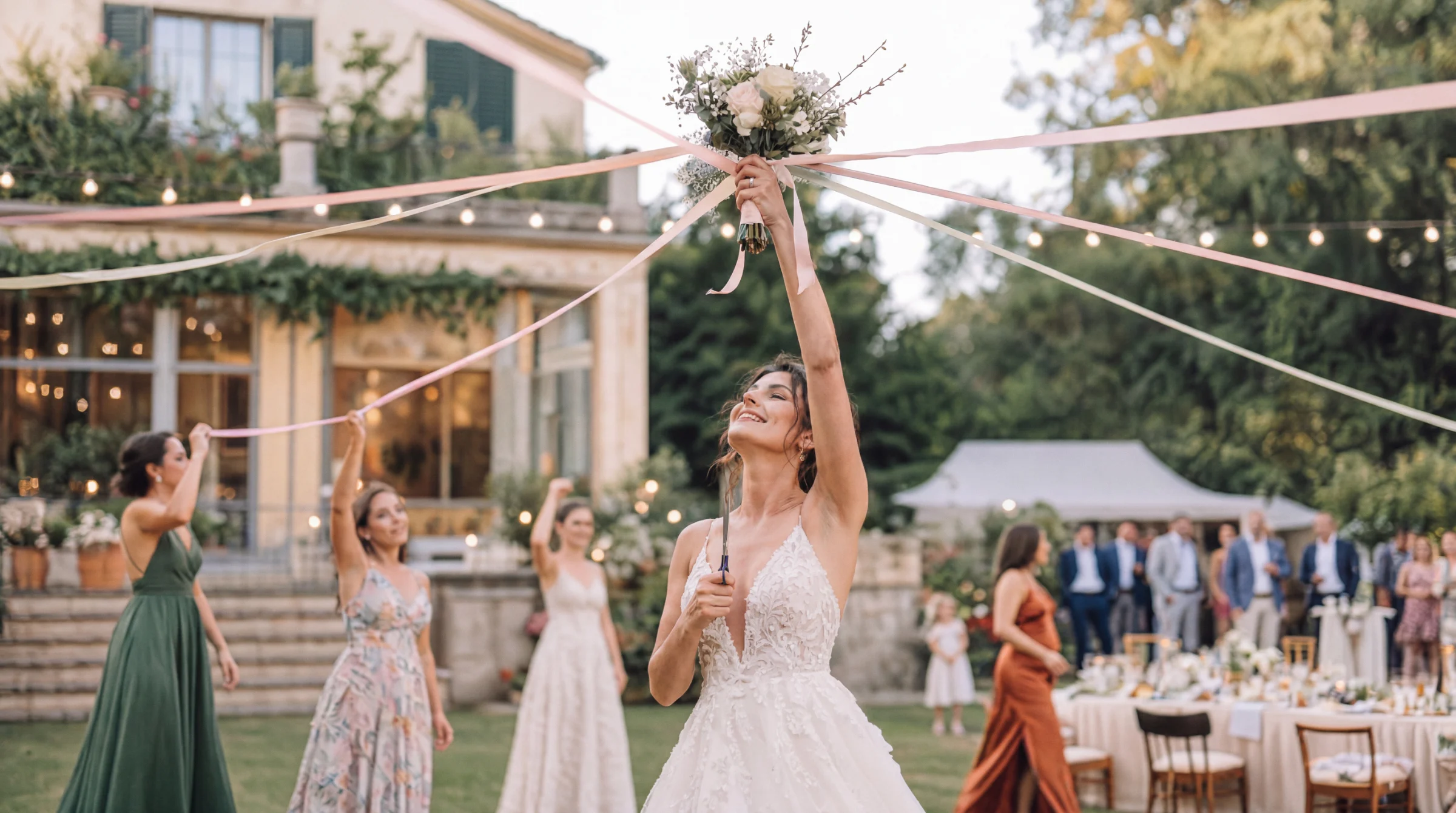 Mariée souriante tenant son bouquet de mariage avec des rubans colorés lors d'une animation à Valence