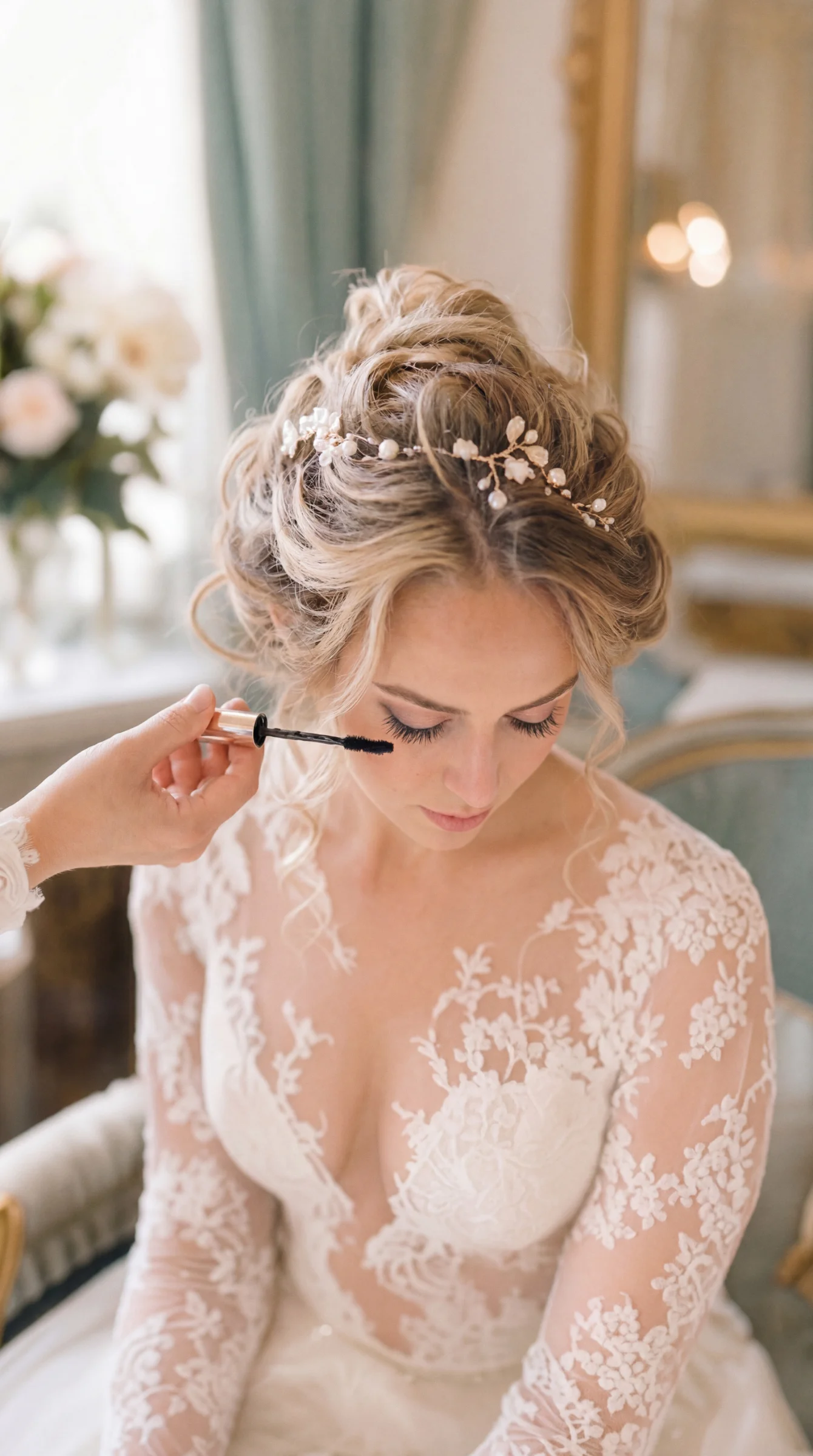 Maquillage d'une mariée blonde en robe de dentelle pour son reportage mariage à Romans, ambiance lumineuse et douce