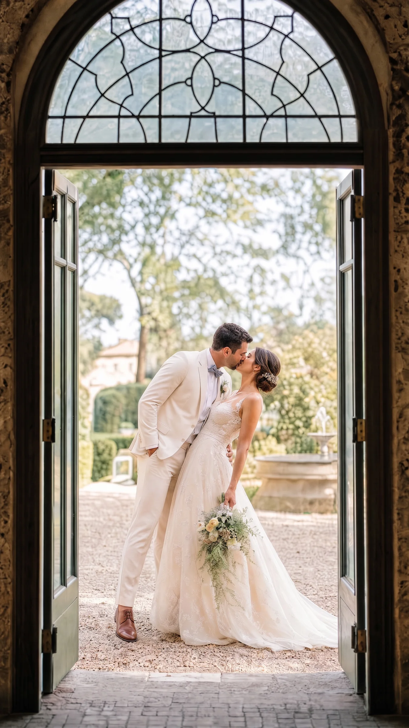 Couple de mariés s'embrassant tendrement dans l'encadrement d'une porte vitrée, reportage mariage à Portes-lès-Valence
